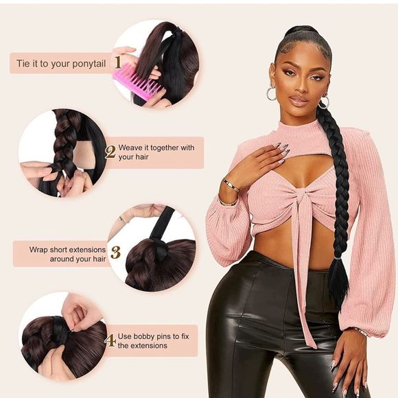 Long Braided Ponytail Extension with Hair Tie 32 Inches Straight Wrap - Picture 7 of 8